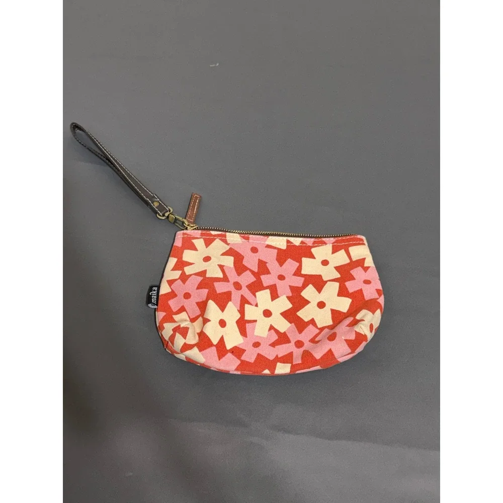 Maika Canvas Wristlet Pouch Red Pink Floral Geometric Zipper Clutch Bag